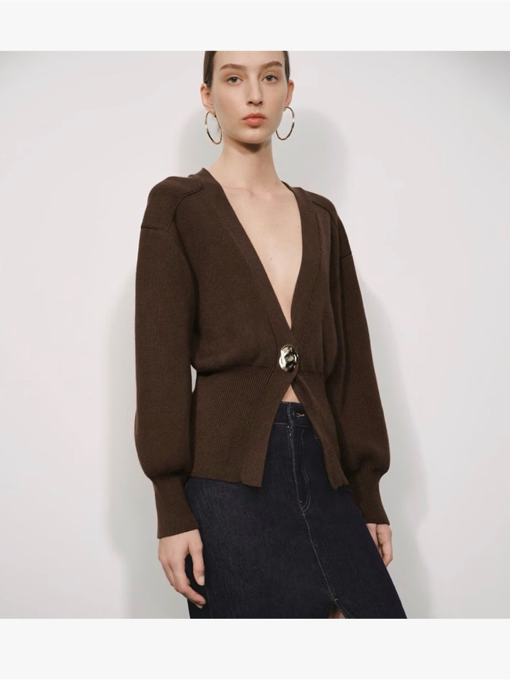 Chestnut Brown V-Neck Button-Front Cardigan Sweater - Picture 1 of 7